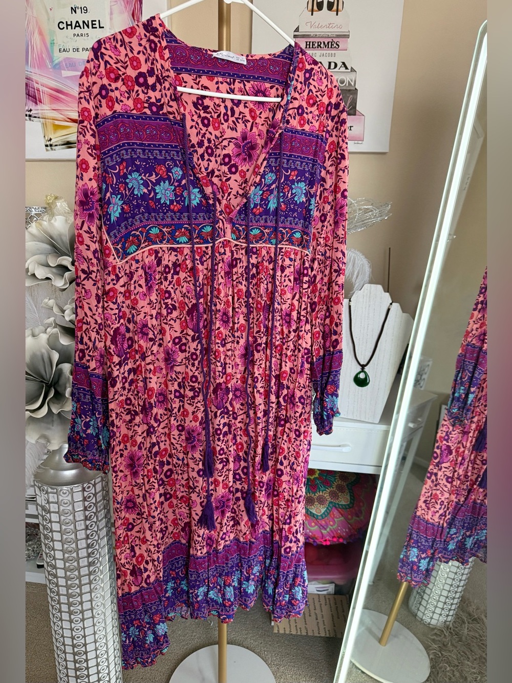 Boho Floral V-Neck Midi Dress in Pink and Purple